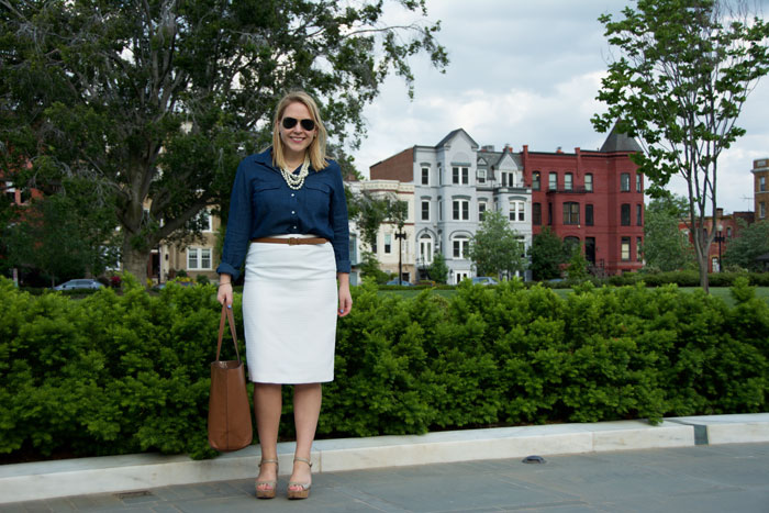 Casual Friday with Chambray Shirt, White Pencil Skirt and Neutral Accessories via @ DC Girl in Pearls | dcgirlinpearls.com