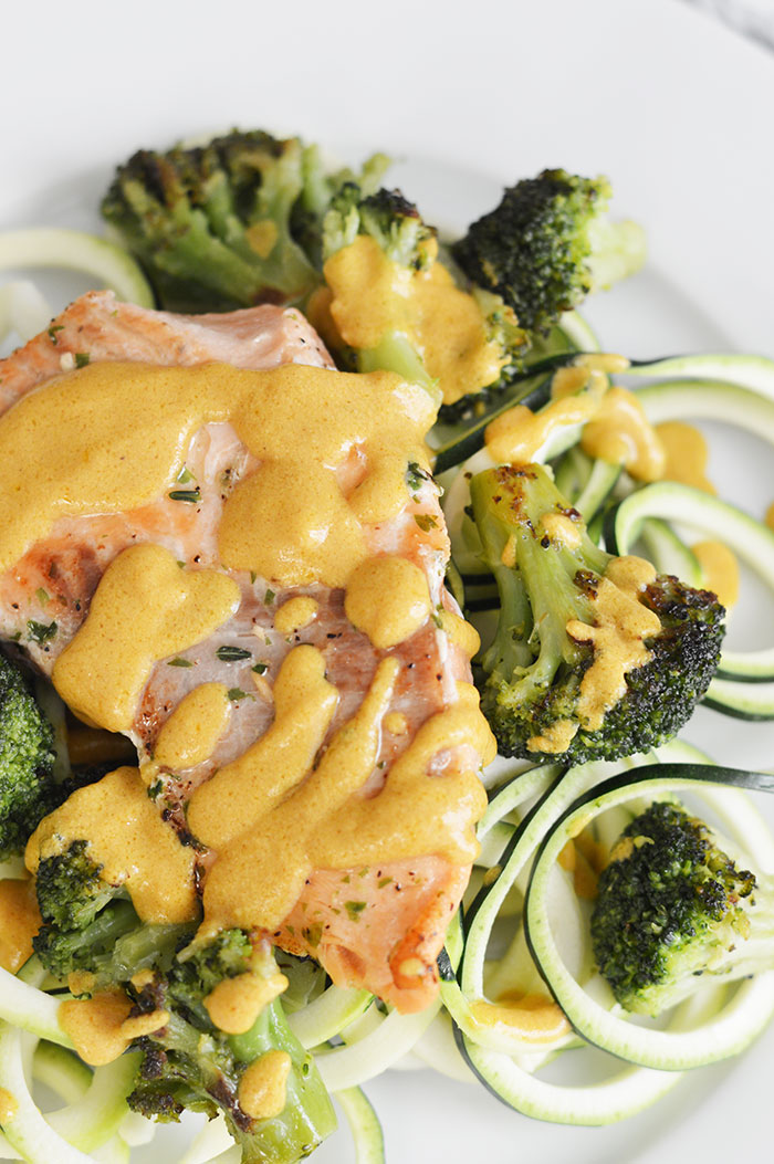 Salmon Roasted Broccoli Dijon Sauce Zucchini Noodles | @dcgirlinpearls